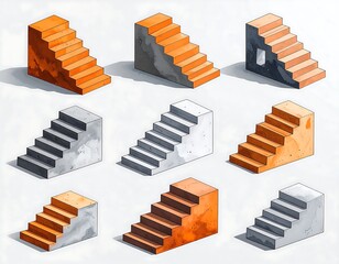 Isometric views showcase varied staircases, illustrating different materials and color schemes, each with unique textures and shading