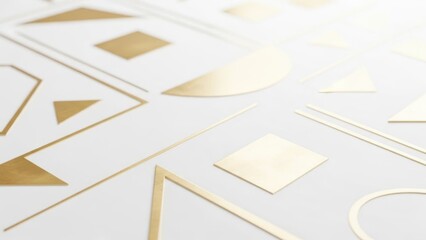 Gold geometric shapes and lines create an elegant, contemporary abstract design on a bright white background
