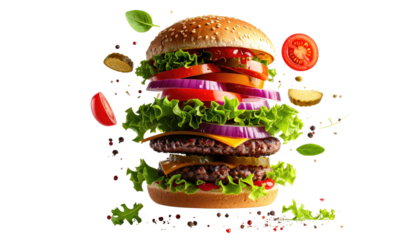 A vibrant composite of a layered burger, with a towering build showcasing fresh ingredients against a black background
