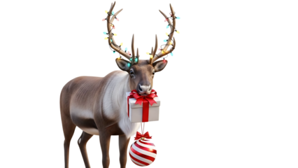 Reindeer with Christmas lights gift and bauble on black background present