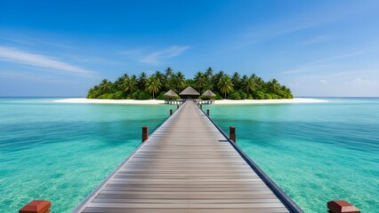 Fototapeta premium Wooden boardwalk leading to a secluded tropical island paradise