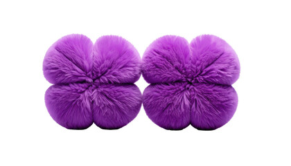 Two fluffy, symmetrical, vibrant purple objects on a stark black background. The plush, cloud-like forms appear soft