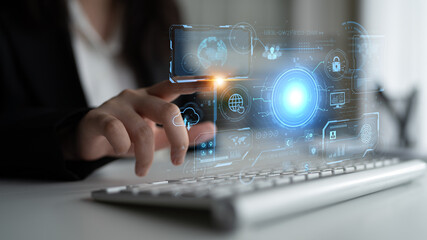 A futuristic command center interface for managing a global technology platform. The dashboard includes data security, network administration, and biometric user authentication. Fermion