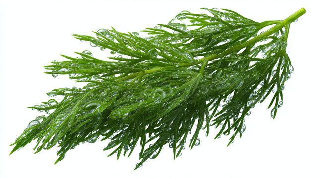 A close-up shot of a dill leaf with water droplets, showcasing its intricate details and freshness. The vibrant green color of the leaf pops against the light