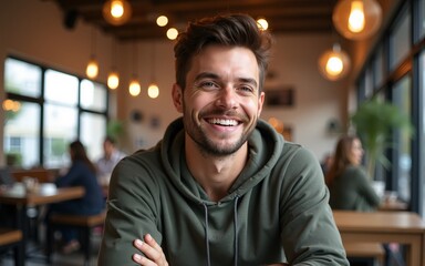 Smiling young man in a cafe. High quality
