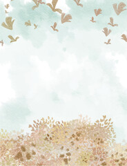 cute abstract watercolor illustration of white cloud blue sky, flower garden field, green forest, meadow hill scenery background wallpaper