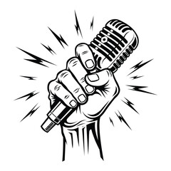 A hand holding a microphone with lightning bolts around it 