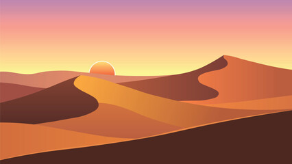 Vibrant desert landscape at sunset with rolling sand dunes