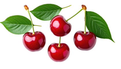 Four ripe, glossy red cherries with green leaves and stems are displayed against a black background, inviting visual interest