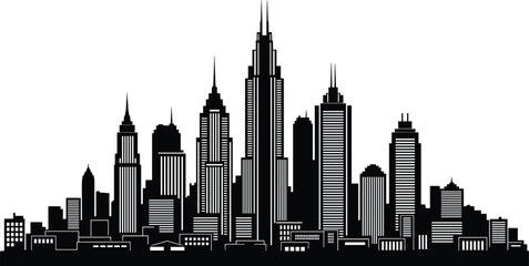 Black Silhouette Cityscape Skyline With Tall Skyscrapers And Buildings On White Background vector illustration