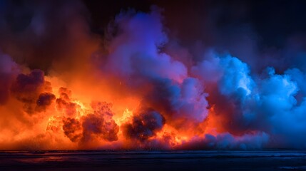 Fototapeta premium Fiery Lava Flow with Dramatic Smoke Plumes at Night.