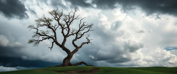 Lone gnarled oak against a stormy, dramatic cloudscape, conveying isolation and resilience ,  dramatic,  moody