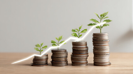 Growing green plants on stacks of coins with upward trend line money investment