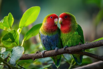 Fototapeta premium Close-up of a loving parrot duo in a peaceful tropical setting