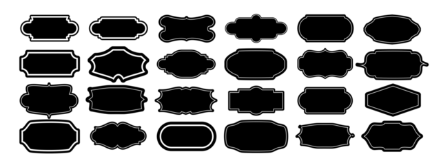 Black decorative label silhouettes, vintage frame shapes, retro outline badge, ornate geometric borders, empty tag design graphics, shield elegant royal crest emblem of black and white vector icons