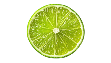 Close-up of a perfectly sliced citrus fruit. Its vibrant green hue and intricate internal segments are showcased against a dark background
