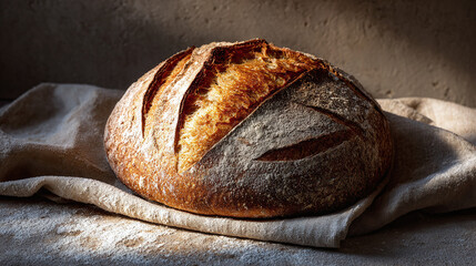Freshly baked loaf of bread, radiating warmth, texture and inviting aroma. The golden crust glistens under gentle light, promising a delightful culinary experience.