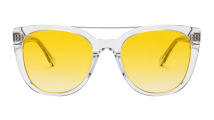 Stylish clear frame sunglasses with yellow lenses isolated PNG, trendy eyewear for sun protection and fashion accessory on transparent background
