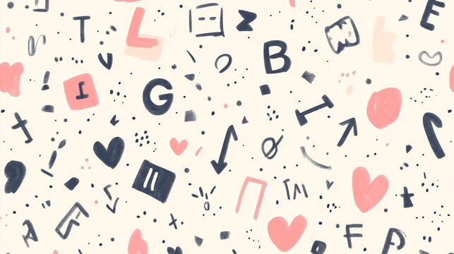 Playful hand-drawn letters and abstract symbols scattered on a seamless light background with minimal colors.
