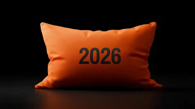 Orange cushion with bold black 2026 numbers, realistic style, isolated on black background. Concept of future year or date reminder