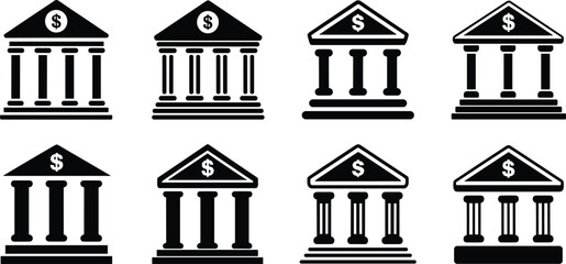 Naklejka premium Eight Black Bank Building Icons with Columns and Dollar Signs finance money