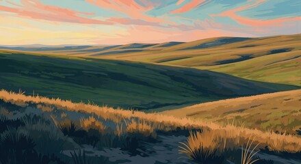 Digital illustration of rolling hills landscape at sunset. Scenic countryside view with golden grass during golden hour. Anime style nature background