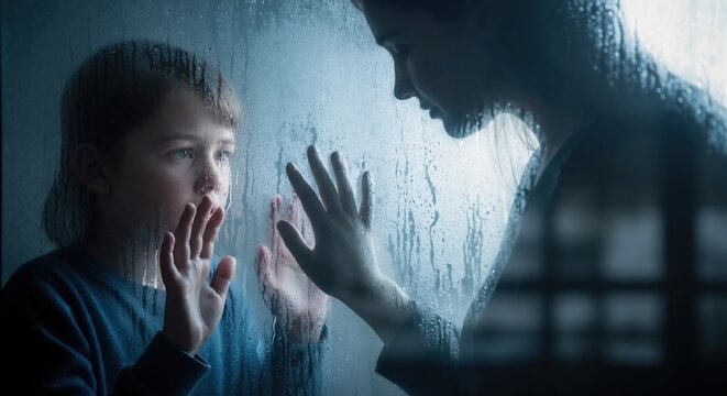 Child looks through rainy window at their mother outside. Touching scene of family separation, love, and longing