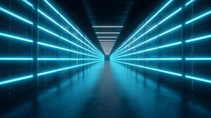Fototapeta premium Futuristic Blue Neon Tunnel with Reflective Floor.