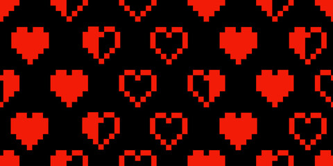 Seamless Pixel Heart Pattern of red hearts in 8 bit style on black background, for game design, retro themed graphics, Valentines prints, or digital backgrounds.Vector illustration