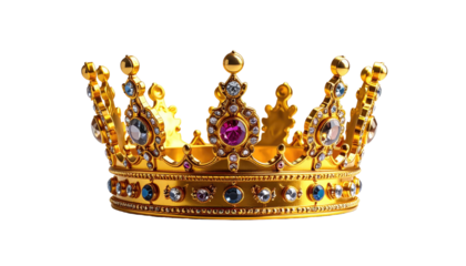 A resplendent, detailed depiction of a golden crown adorned with dazzling jewels, isolated on a black background