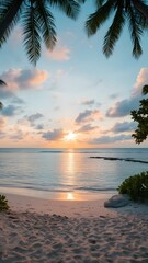 Tropical beach paradise at sunset with golden light reflecting on tranquil ocean waves