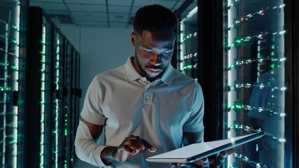African american male it technician performing diagnostics and maintenance on server infrastructure within a secure data center using a digital tablet