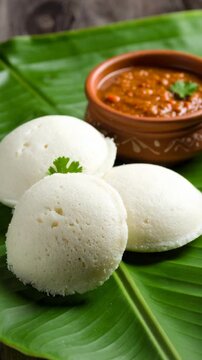 South Indian breakfast featuring idli rice cakes served with sambar on banana leaf