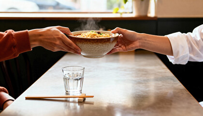 Two people sharing a steaming hot bowl of ramen noodles in a restaurant. Close-up of hands passing a traditional Japanese soup meal