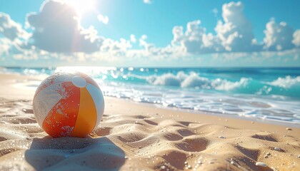 Obraz premium Summer Vacation Concept with Inflatable Ball on Sunny Beach and Clear Waves