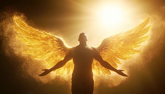 Golden winged figure, ethereal glow, divine essence, mystical being, celestial light, powerful presence.