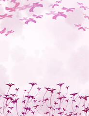 cute abstract watercolor illustration of white cloud blue sky, flower garden field, green forest, meadow hill scenery background wallpaper