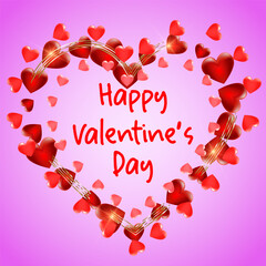 Happy Valentines Day background with red hearts and lettering. Template for Valentine s Day gift card. Vector illustration