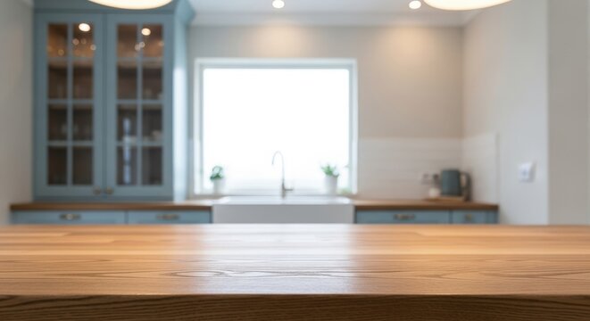Wooden countertop foreground with blurry kitchen background