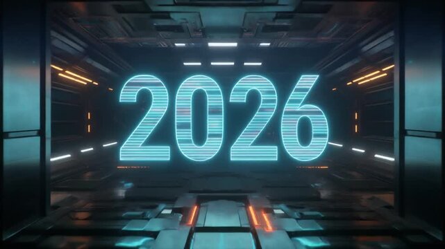 The digital year 2026, glowing cyan, rushes forward in a dark, high-tech 3d rendered tunnel.