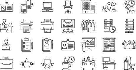 Professional Office Business Icon Set, Minimal Thin Line Vector Design for Corporate Management, Workplace Technology, Staff Meetings, and Data Administration.