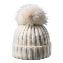 White knit beanie with fluffy pom pom isolated on transparent background