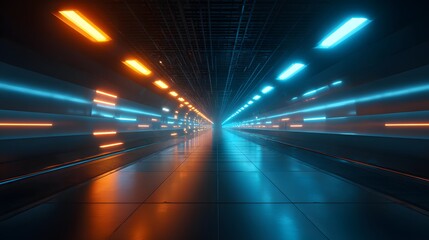 Futuristic Neon Tunnel with Orange and Blue Lights.