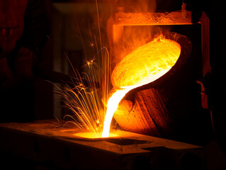 Molten metal flows as a glowing orange stream into a sand mold, with sparks and heat waves rising in a dark industrial foundry. High-realism metallurgy scene showing casting, heat and raw industrial.
