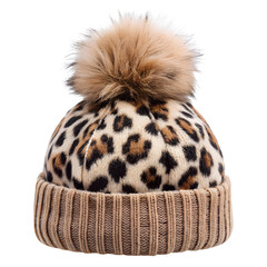 Leopard print beanie with fluffy pom pom isolated on transparent background