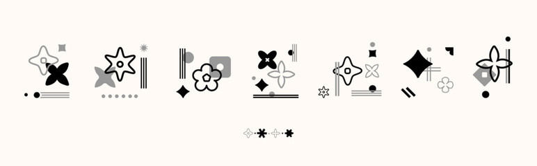 Minimal Abstract Icon and geometric shapes set in black, gray, and white for branding, logo design, packaging, web graphics, or decorative layouts. Geometric Symbols and Shapes. Vector illustration