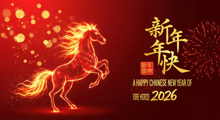 Digital art of a glowing horse on red background with gold text, representing Chinese New Year of the Fire Horse 2026, with firework elements