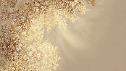 Elegant Gold Filigree Lace Pattern with Floral Motifs on a Soft Beige Background