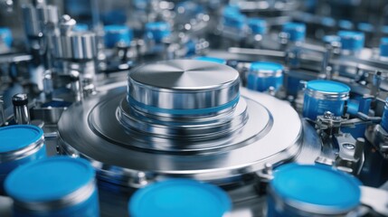 Close-Up of Industrial Machinery with Metallic Components and Blue Accents in a Factory Environment