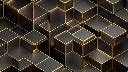 Abstract 3D Isometric Pattern of Gold-Cornered Black Cubes for Background Use